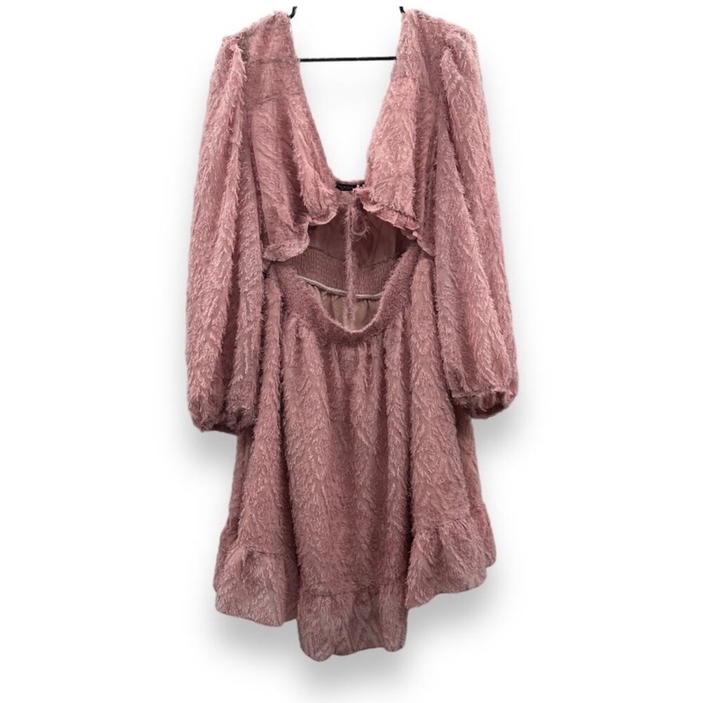 SHEIN Pink Feather Fringe Tie Open Front Long Sleeve Mini Dress Size 4XL